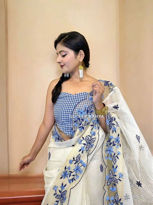 Urvashi White Cotton Kota with Embroidered Border Saree