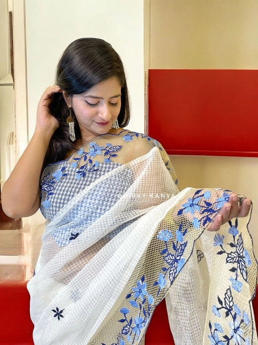 Urvashi White Cotton Kota with Embroidered Border Saree