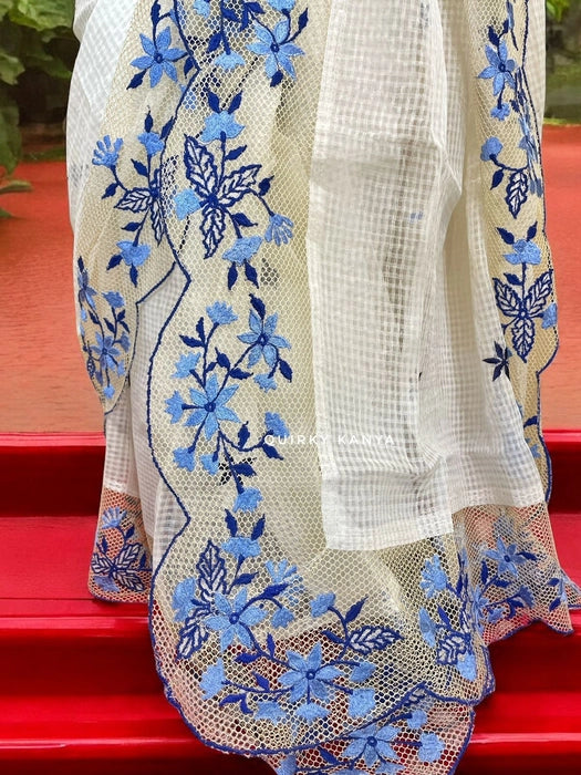 Urvashi White Cotton Kota with Embroidered Border Saree