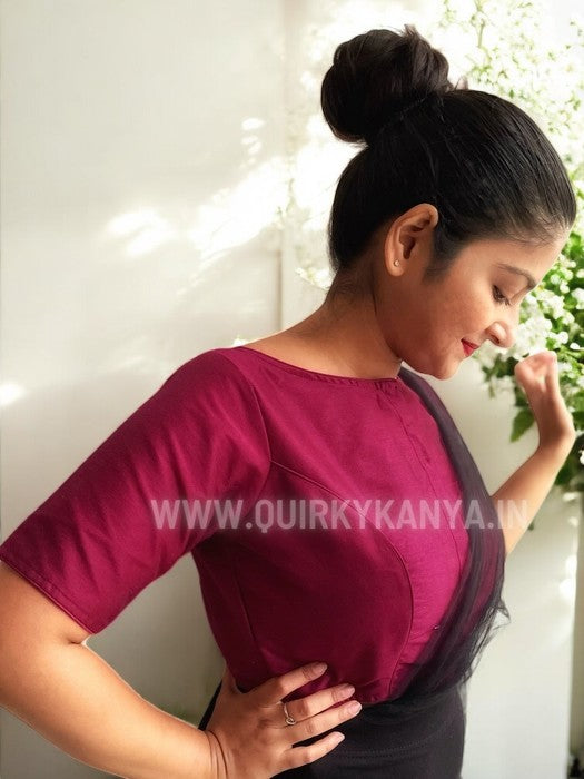 Viva Magenta Glass Sleeves Cotton Silk Blouse - Magenta