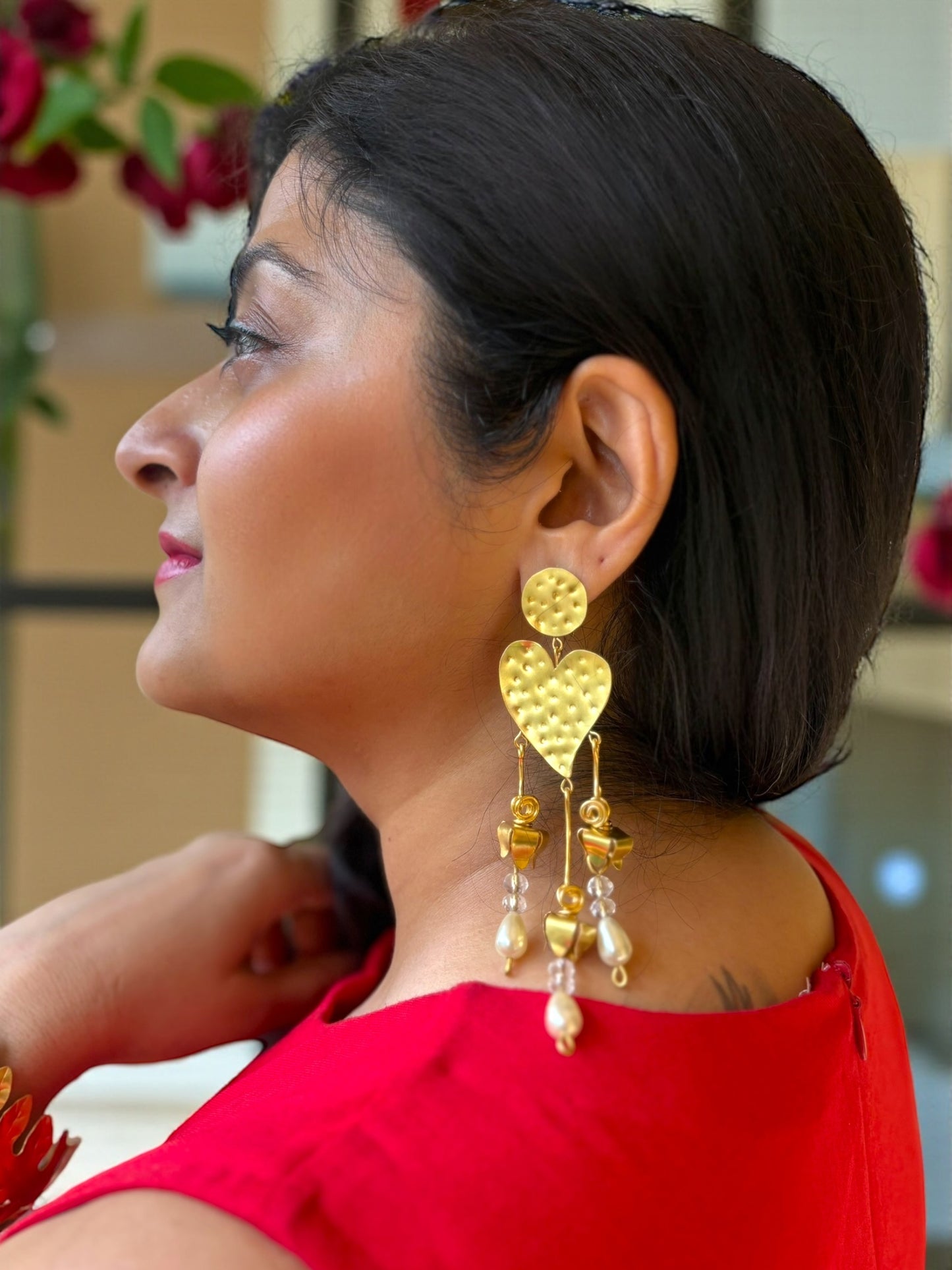 Heart Flower Brass Statement Dangler Earrings