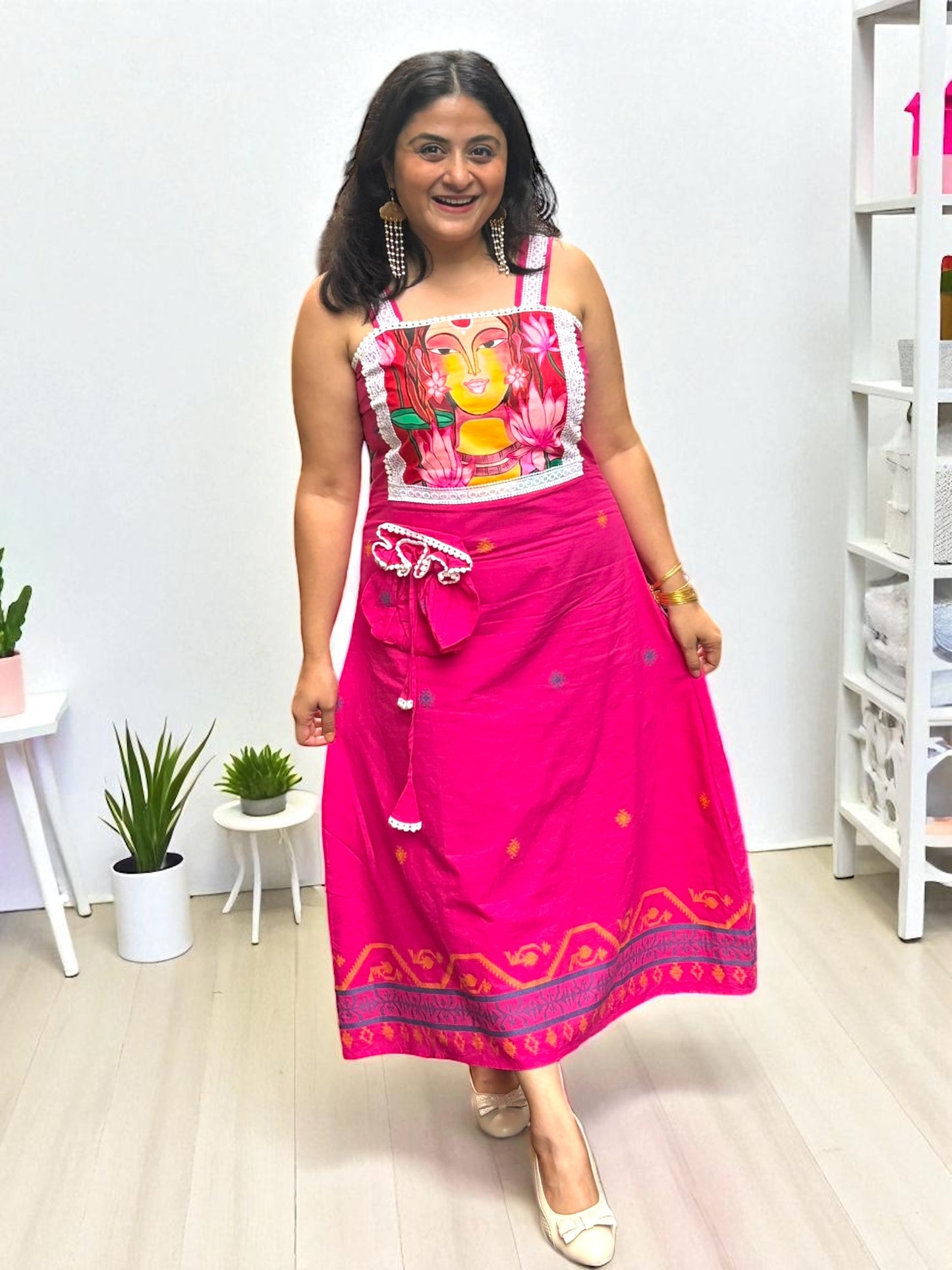 Devika Hand-Painted Cotton Jamdani Dress - Hot Pink