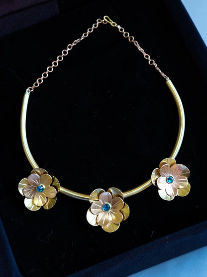 Fleurs Brass Hasli Necklace Jewelry Set (Ear Studs,Necklace,Ring) - Turquoise Blue