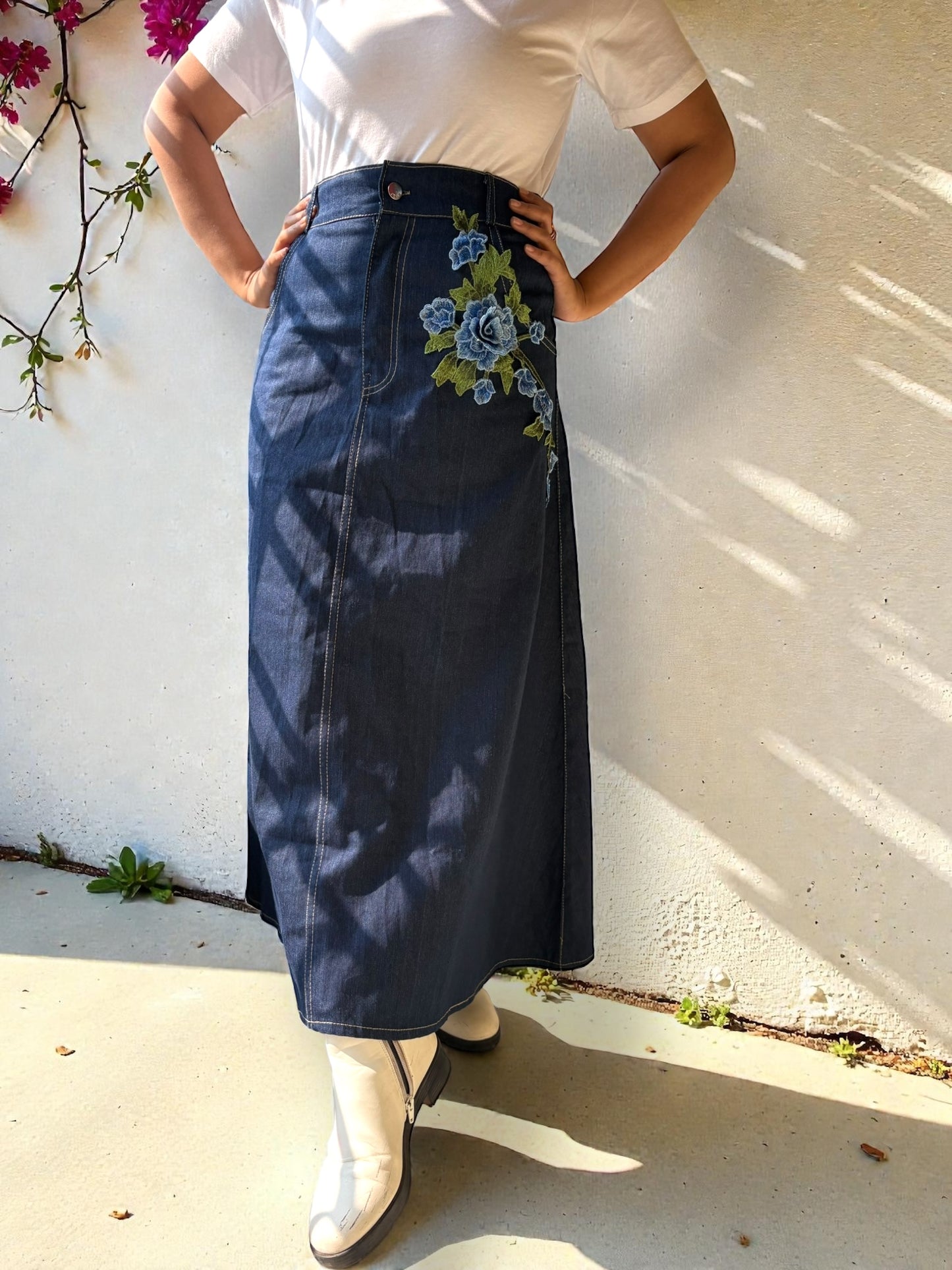 Eve Embroidered Applique Denim Long Skirt - Blue