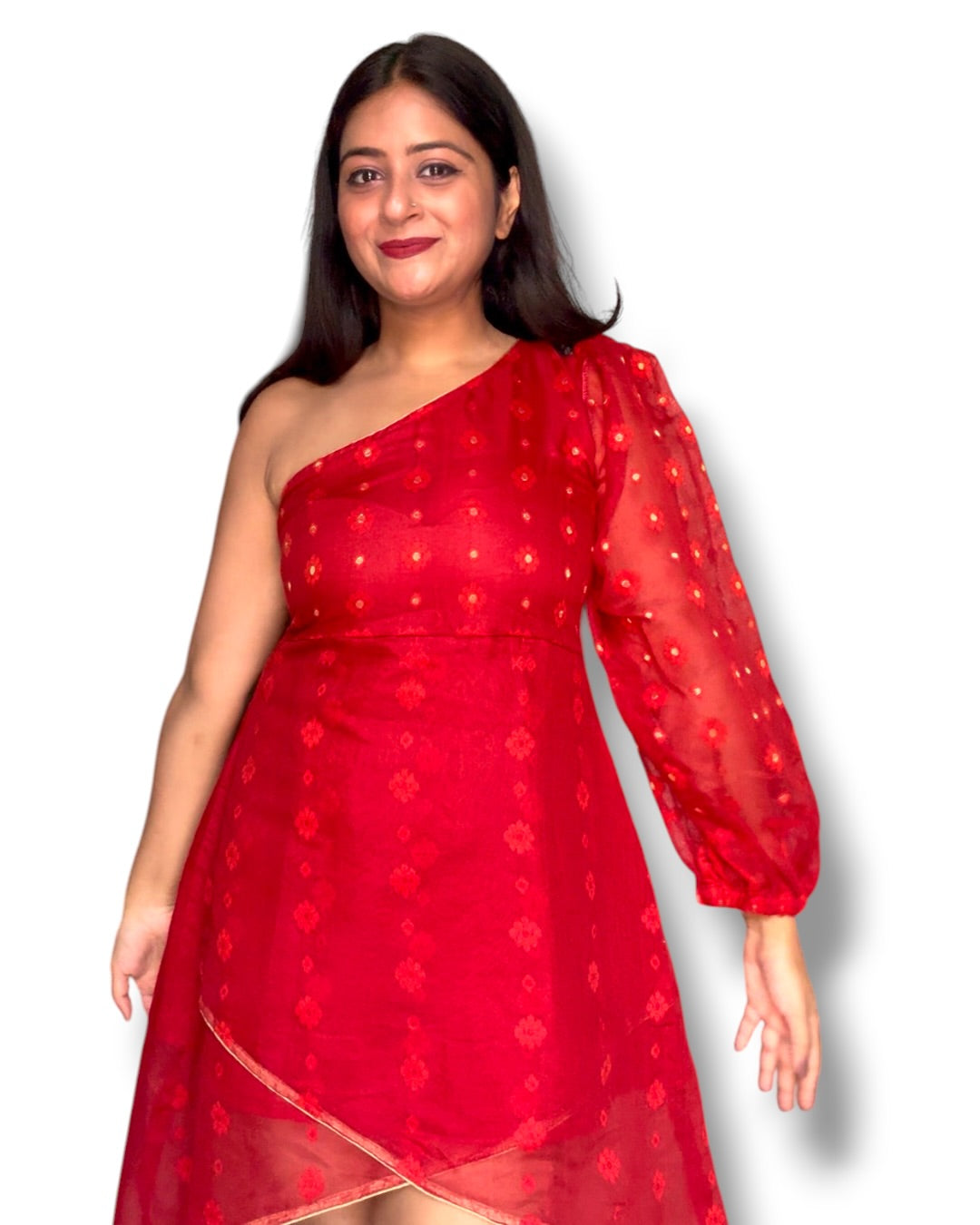 Firebird Jamdani Cotton High Low Dress - Red