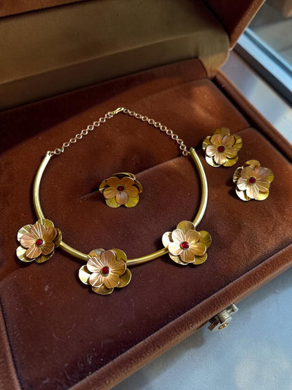 Fleurs Brass Hasli Necklace Jewelry Set (Ear Studs,Necklace,Ring) - Red