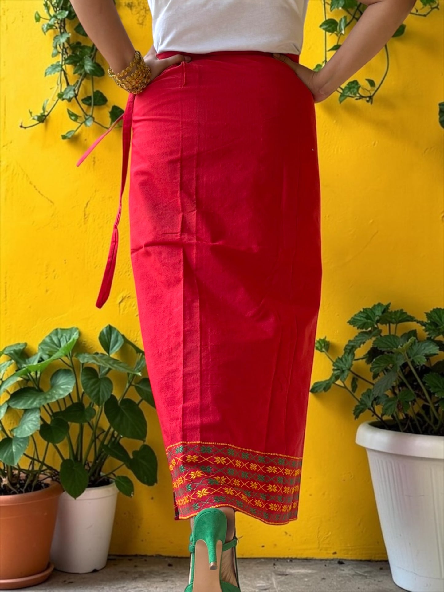 Naobi Assamese Cotton Wrap Skirt - Red