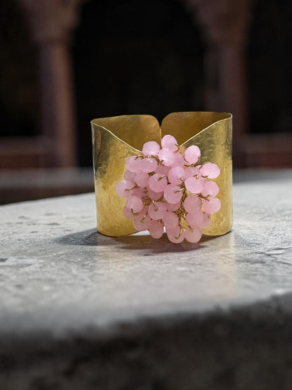 Flower Bouquet Cuff Crystal and Brass Bracelet - Light Pink