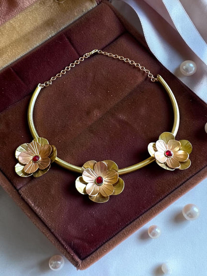 Fleurs Brass Hasli Necklace Jewelry Set (Ear Studs,Necklace,Ring) - Red