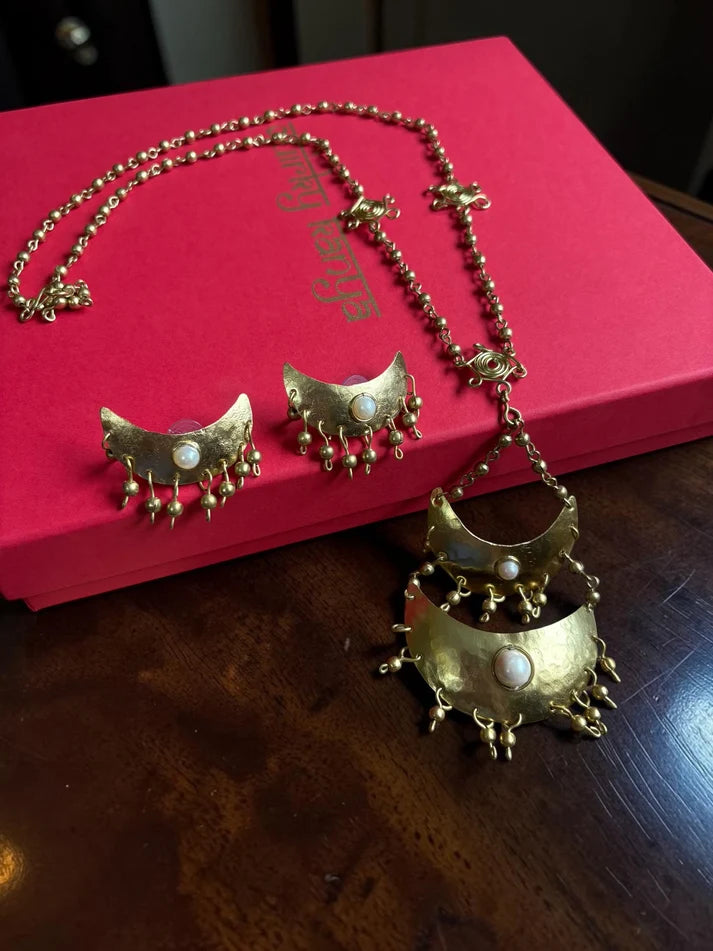 Chandni Brass Necklace Jewelry Set (2 Necklaces + 1 Earrings + 1 Ring)