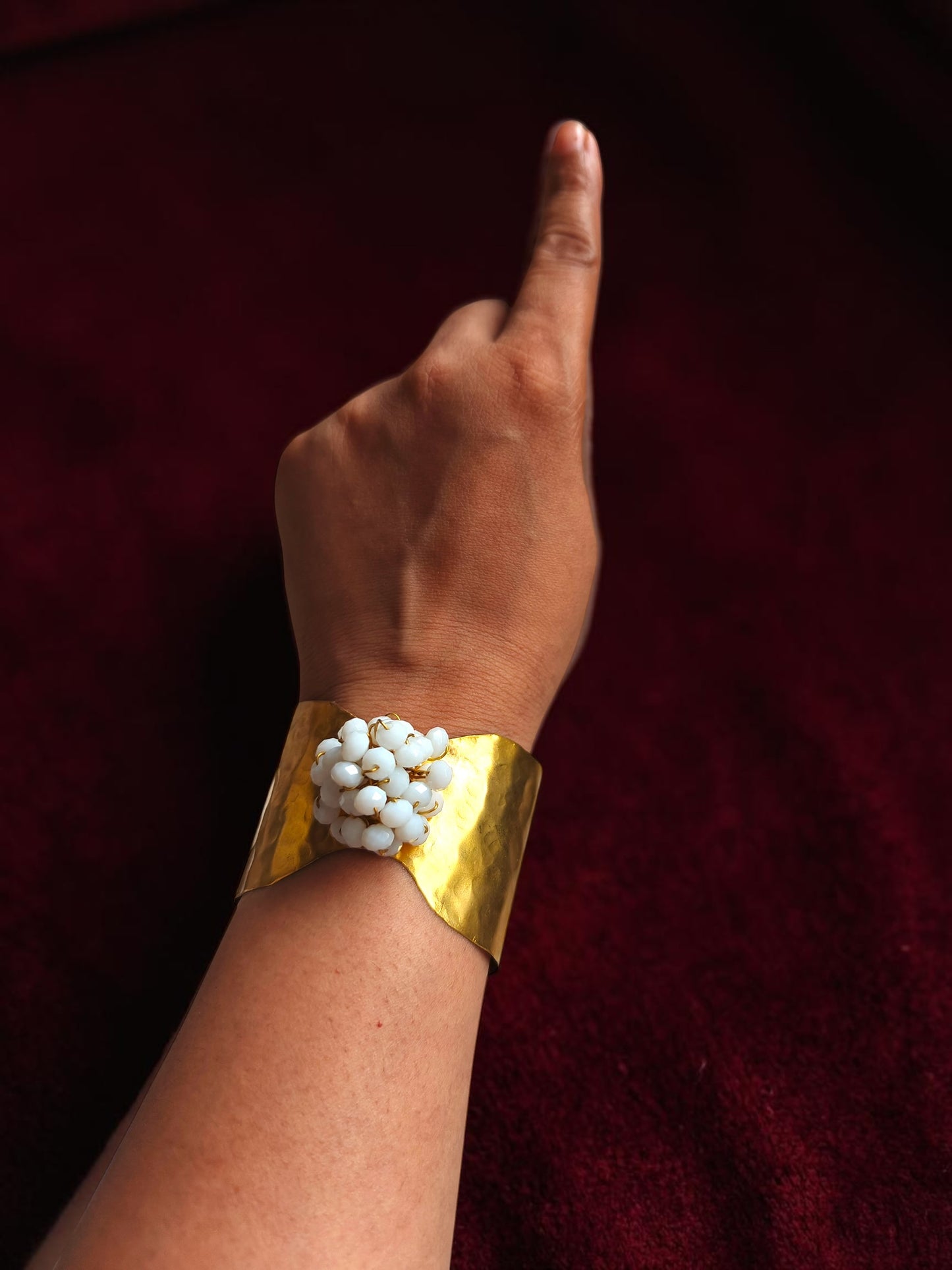 Flower Bouquet Cuff Crystal and Brass Bracelet - White