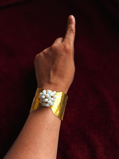 Flower Bouquet Cuff Crystal and Brass Bracelet - White