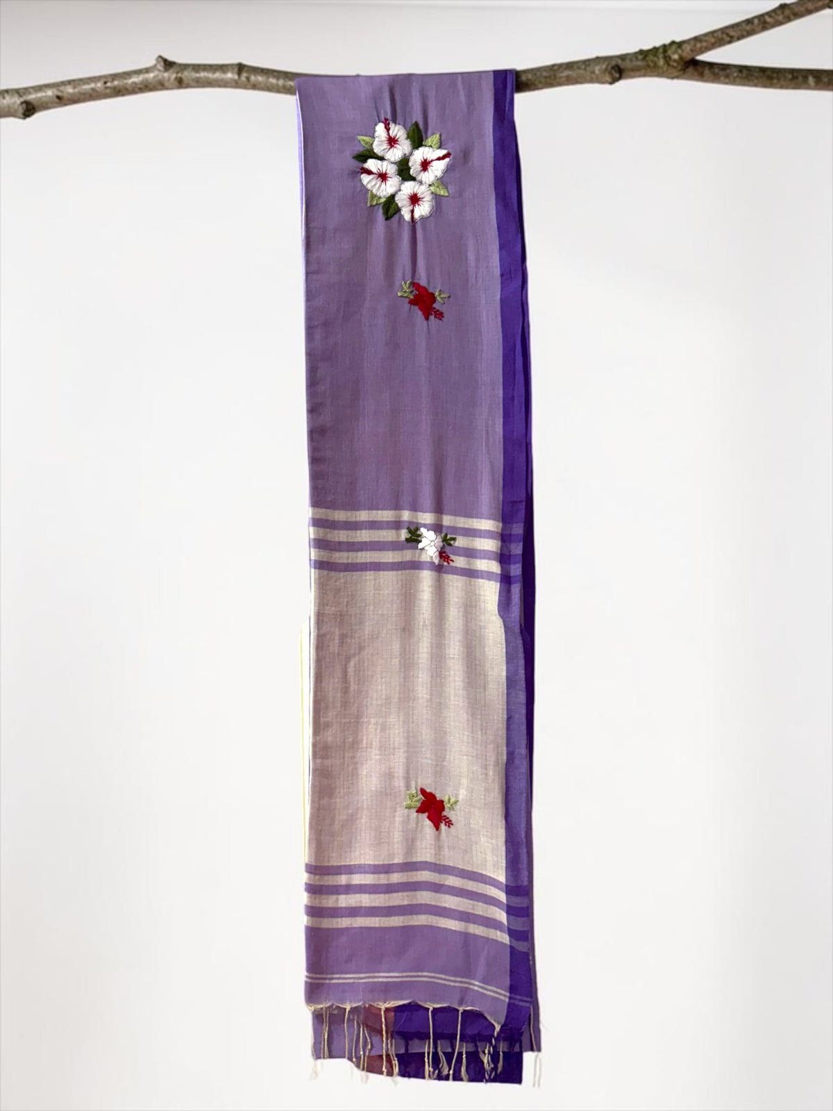 White Joba Hand-Embroidered Cotton Saree - Purple
