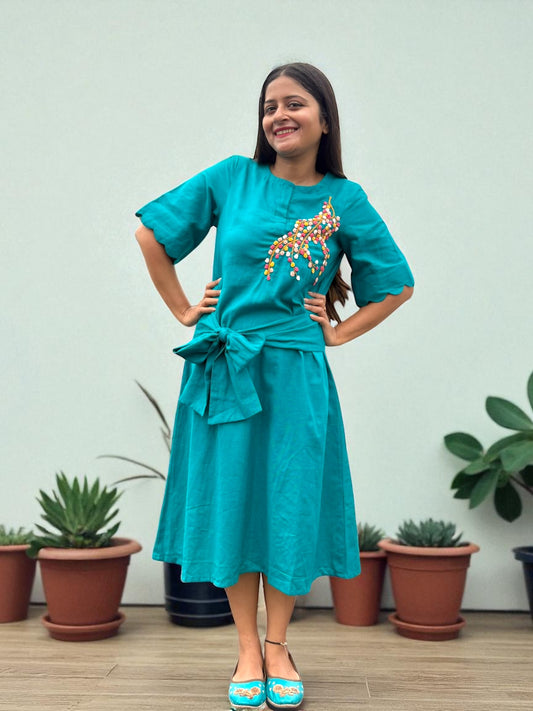 Nobita Embroidered Khadi Cotton Wrap Belt Dress - Turquoise Blue