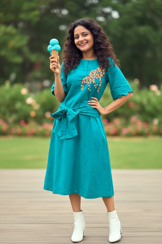 Nobita Embroidered Cotton Wrap Belt Dress - Turquoise Blue