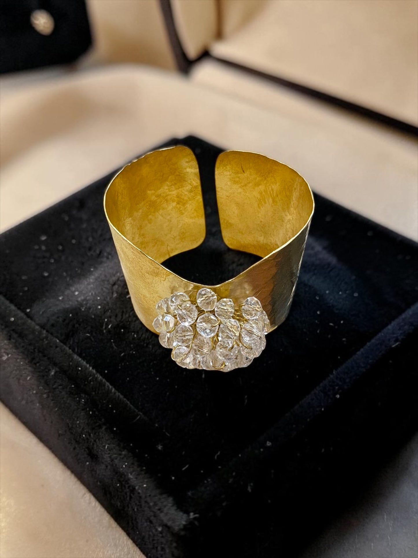 Flower Bouquet Cuff Crystal and Brass Bracelet - Diamond