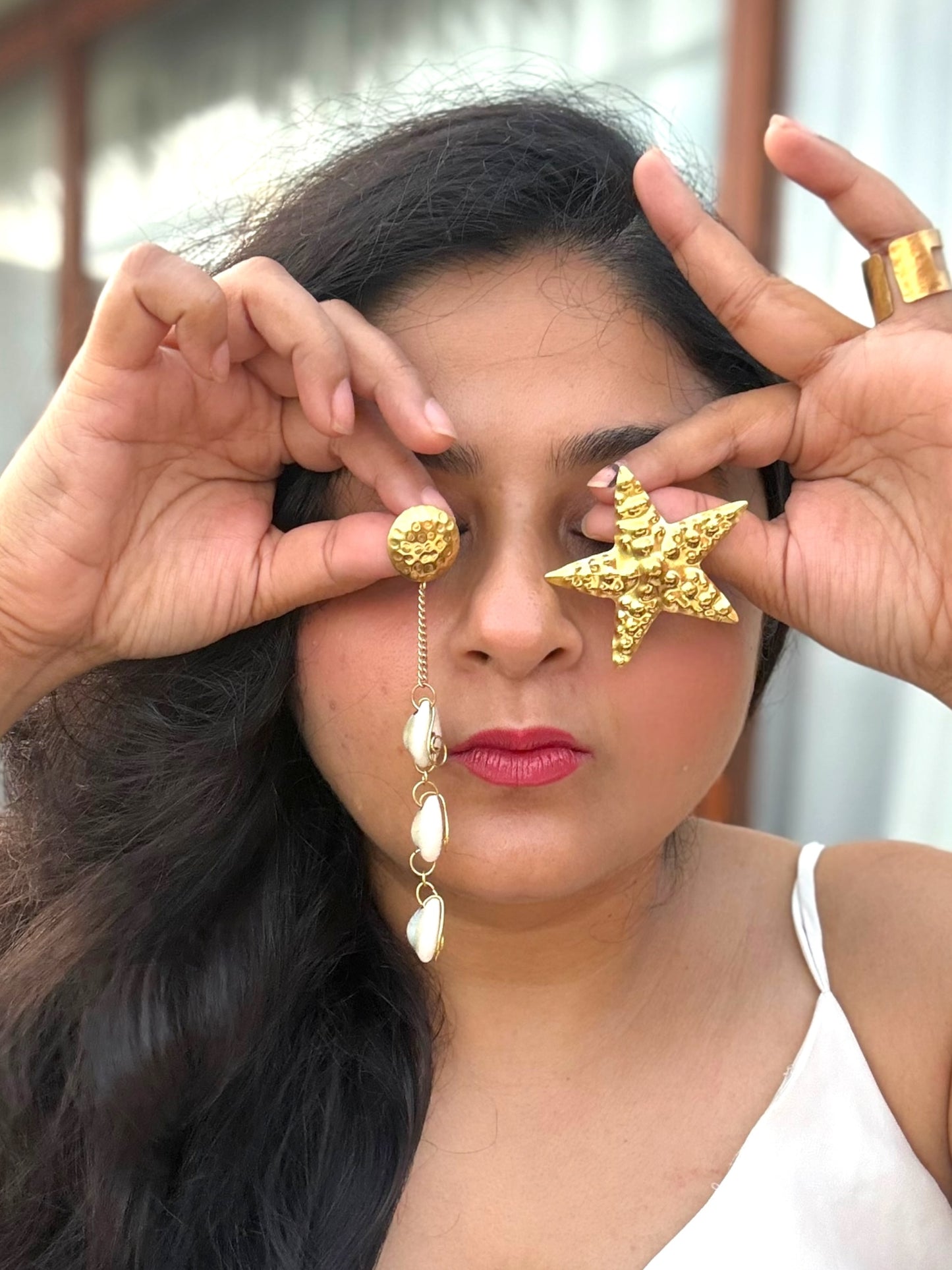 Starfish Corrie Asymmetric Brass Dangler Earrings