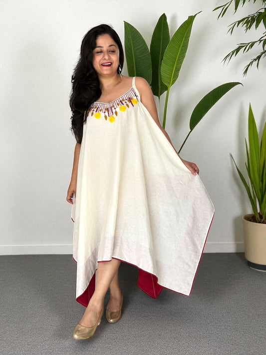 Tanaka Embroidered Strappy Asymmetric Cotton Dress - Off-White