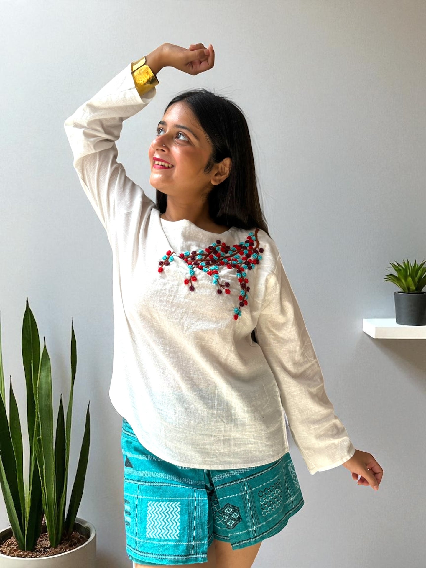 Candycrush Full Sleeved Embroidered Khadi Cotton Top - Cream