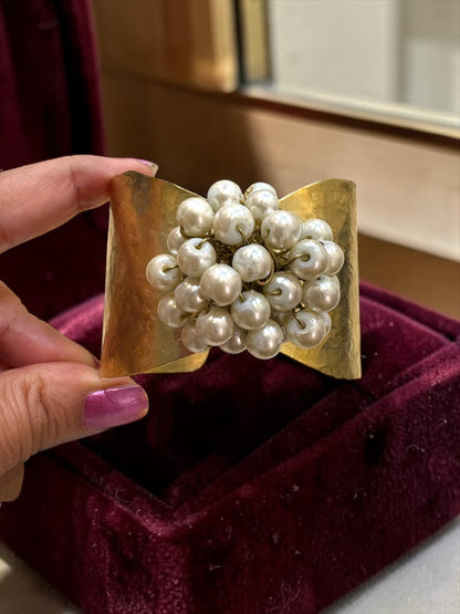 Flower Bouquet Cuff Crystal and Brass Bracelet - Pearl