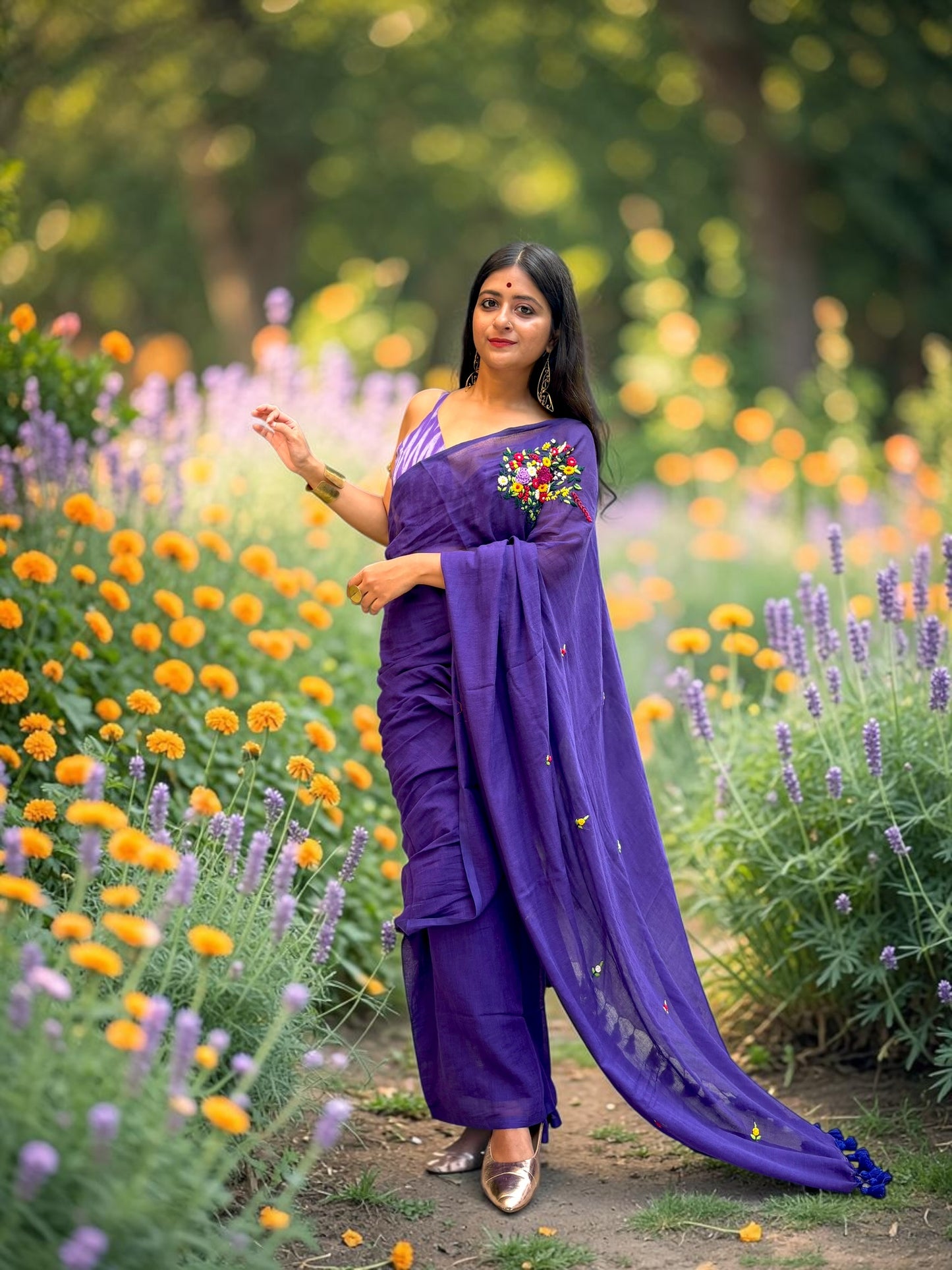 Guldasta Hand-Embroidered Handloom Saree - Purple