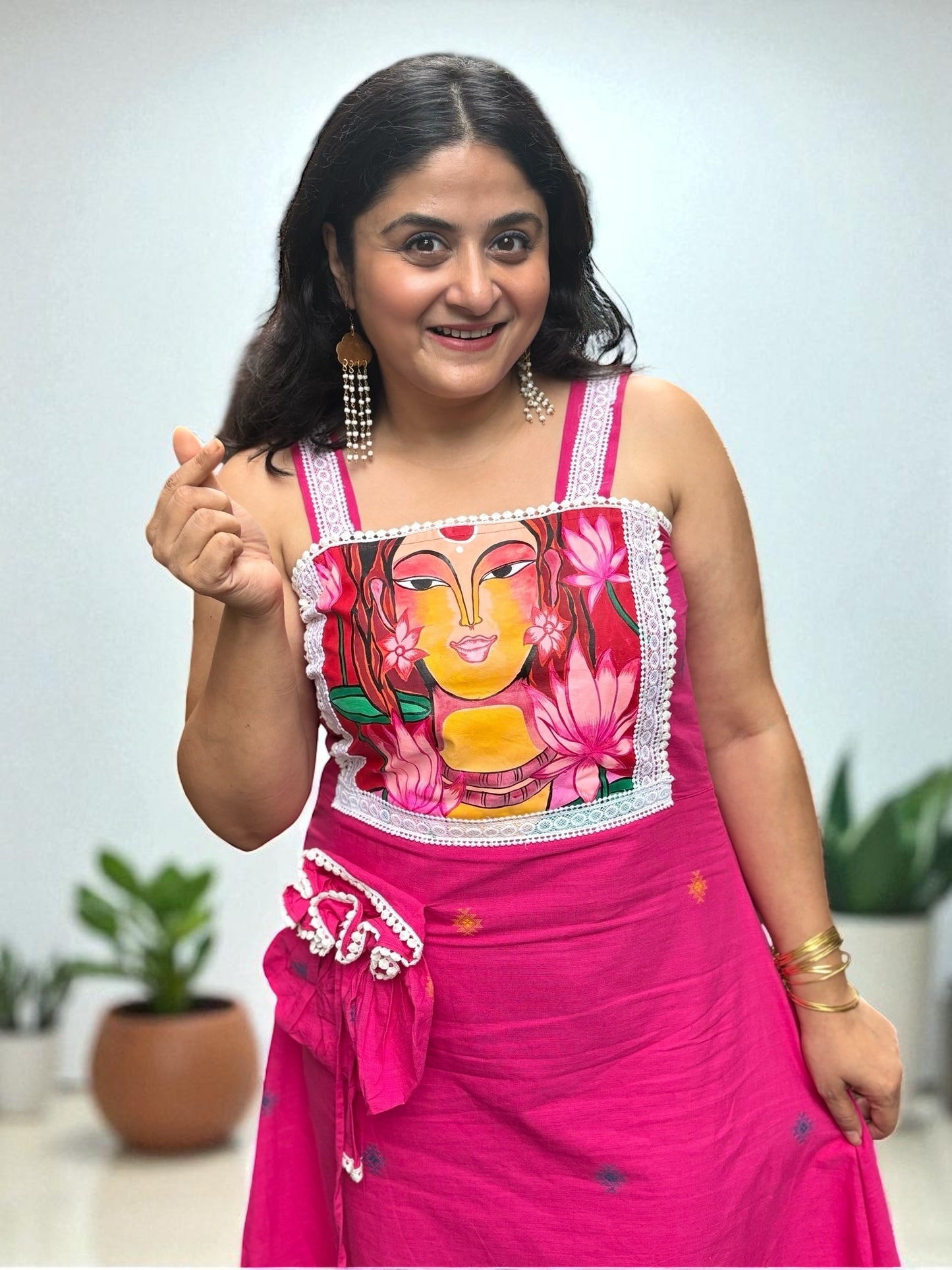 Devika Hand-Painted Cotton Jamdani Dress - Hot Pink