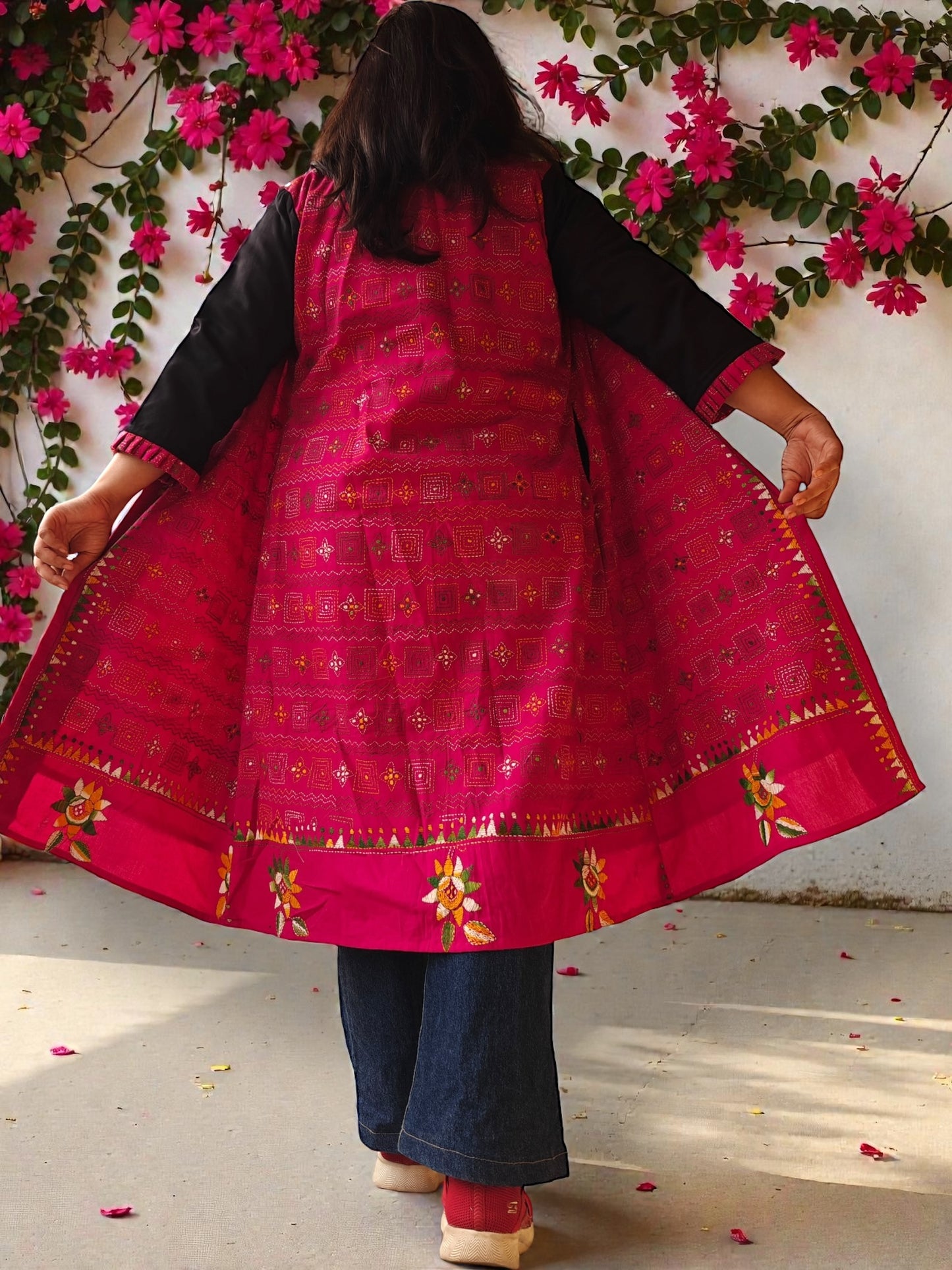 Malini Kanthastitch Cotton Long Jacket - Deep Pink