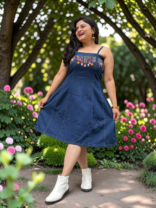 Gina Hand-Embroidered Strappy Denim Dress