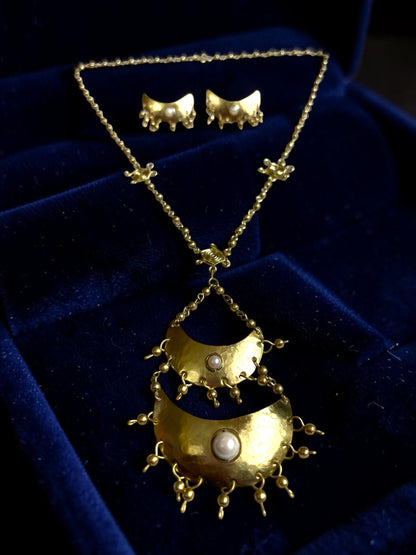 Dwitiya Chandni Moon Pearl Brass Long Pendant Chain Necklace Jewelry Set (Necklace, Earrings)
