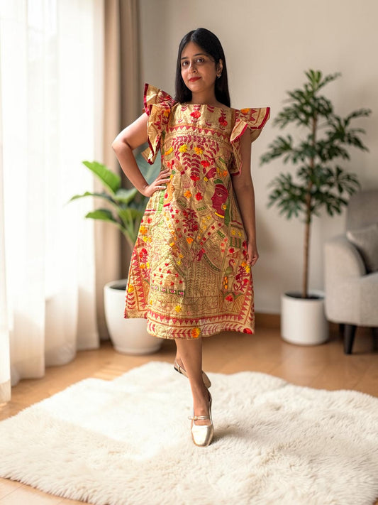 Butterfly Wings Embroidered Phulkari A-line Dress - Beige