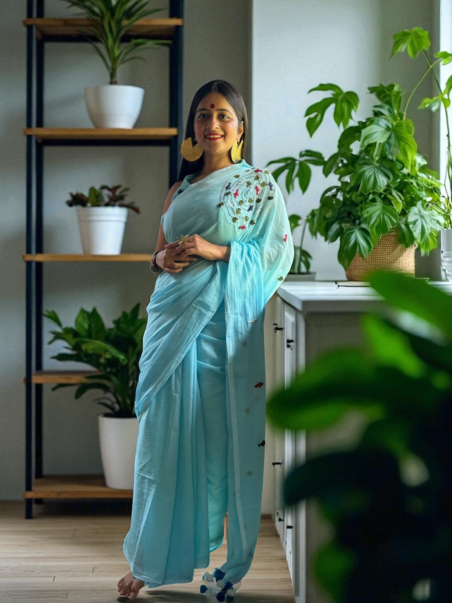 Water Hand-Embroidered Cotton Saree - Blue