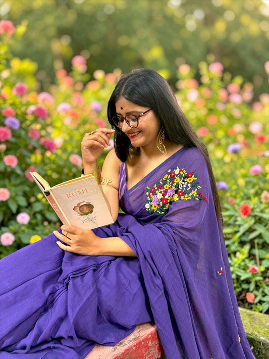 Guldasta Hand-Embroidered Handloom Saree - Purple