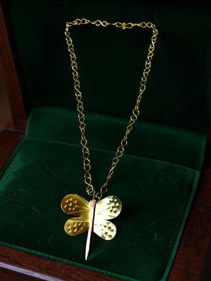 Dragonfly Brass Pendant Chain Necklace Jewelry Set (Necklace, Earrings, Ring)-1