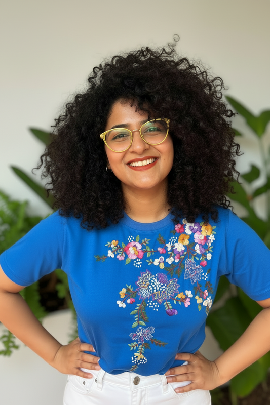 Hana Embroidered T-shirt - Royal Blue Shoulder
