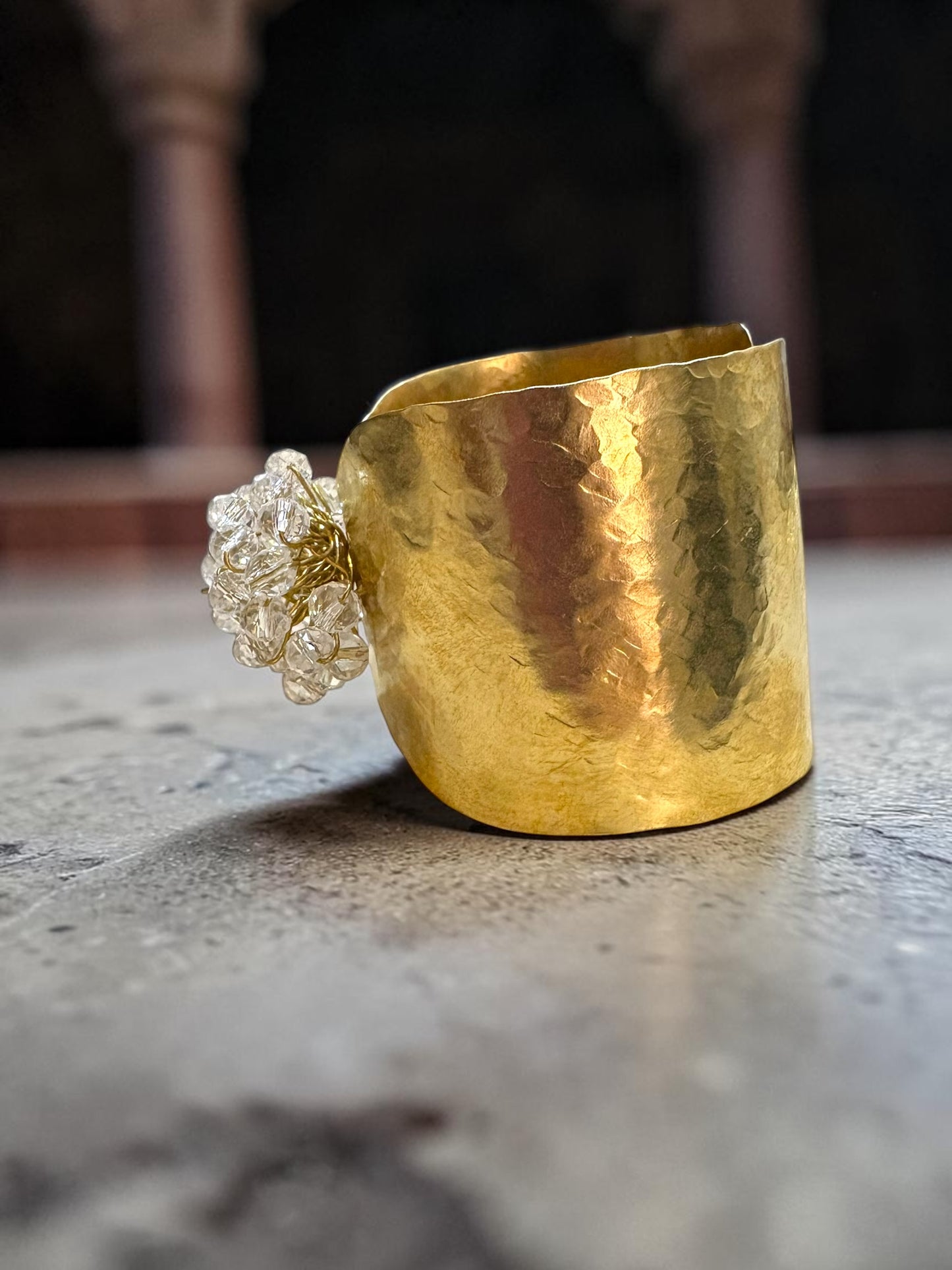 Flower Bouquet Cuff Crystal and Brass Bracelet - Diamond