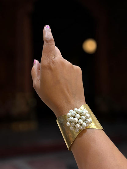 Flower Bouquet Cuff Crystal and Brass Bracelet - Pearl