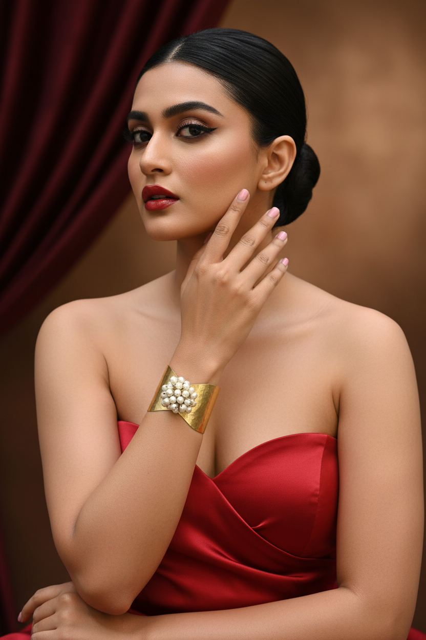 Flower Bouquet Cuff Crystal and Brass Bracelet - Pearl