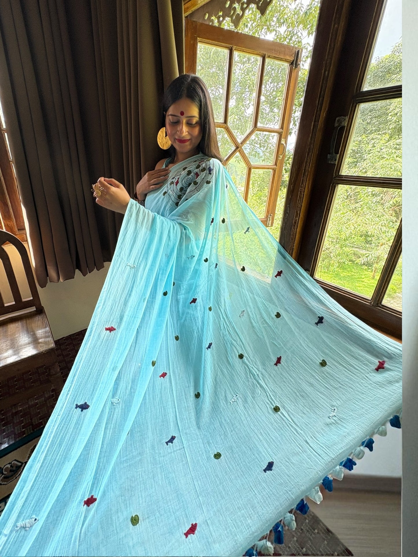 Water Hand-Embroidered Cotton Saree - Blue