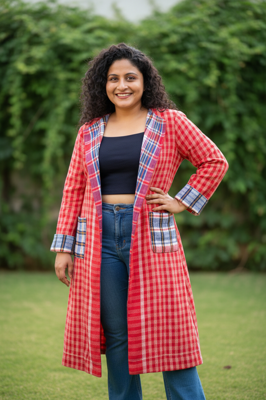 Glamchha Reversible Cotton Long Jacket - Red & Blue Gamchha