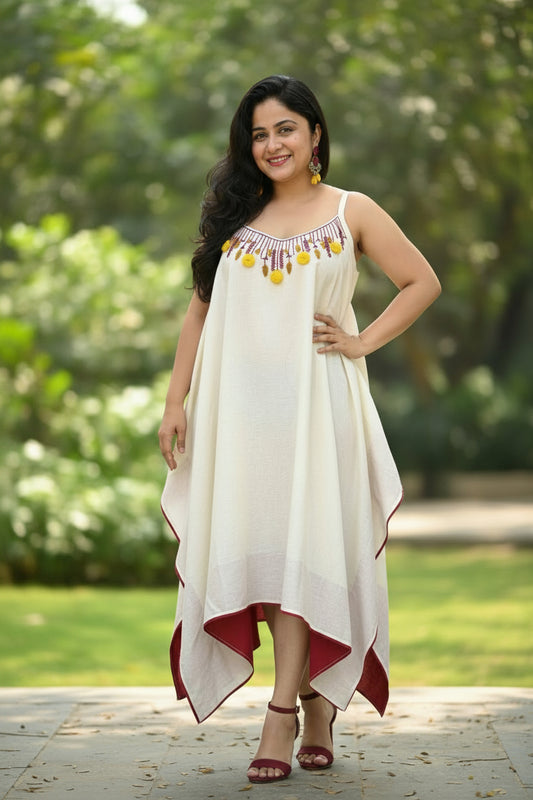 Tanaka Embroidered Strappy Asymmetric Cotton Dress - Off-White