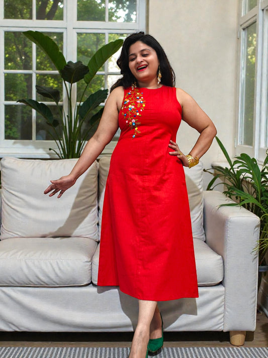 Ishani Hand-Embroidered Cotton Midi Dress - Red