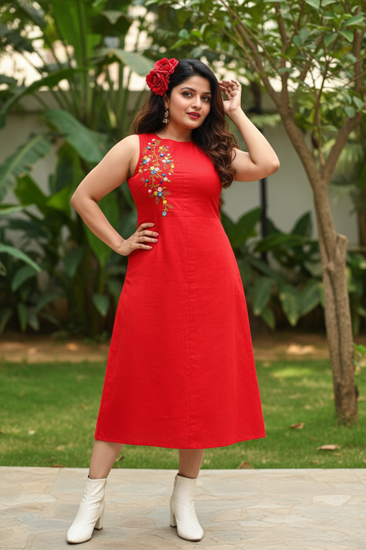 Ishani Hand-Embroidered Cotton Midi Dress - Red