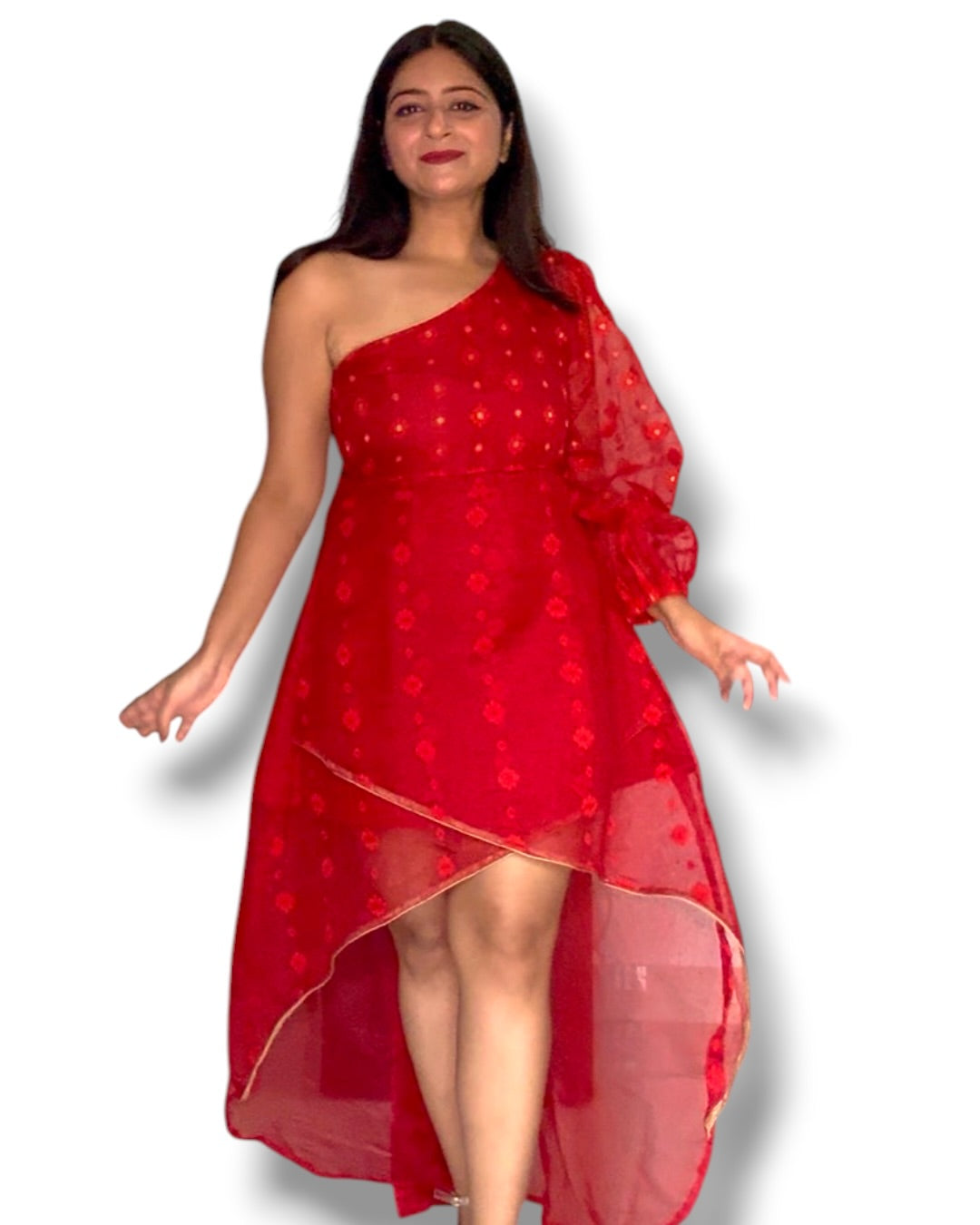 Firebird Jamdani Cotton High Low Dress - Red