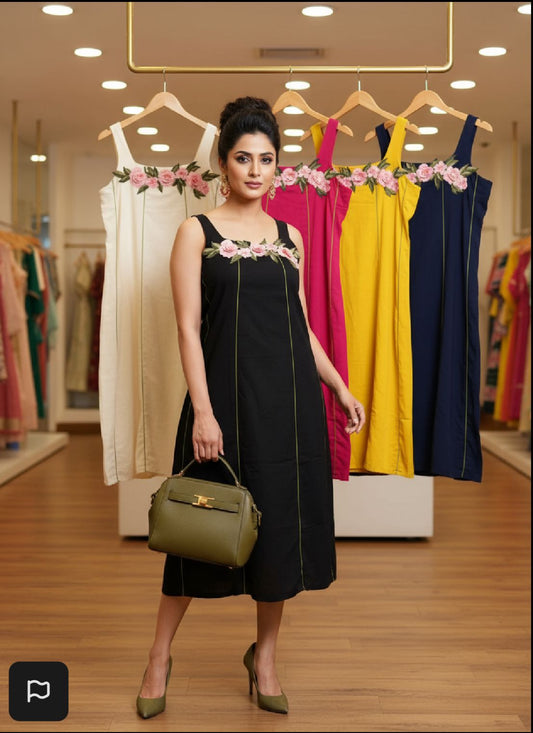 Akanksha Applique Black Cotton Striped Shift Dress