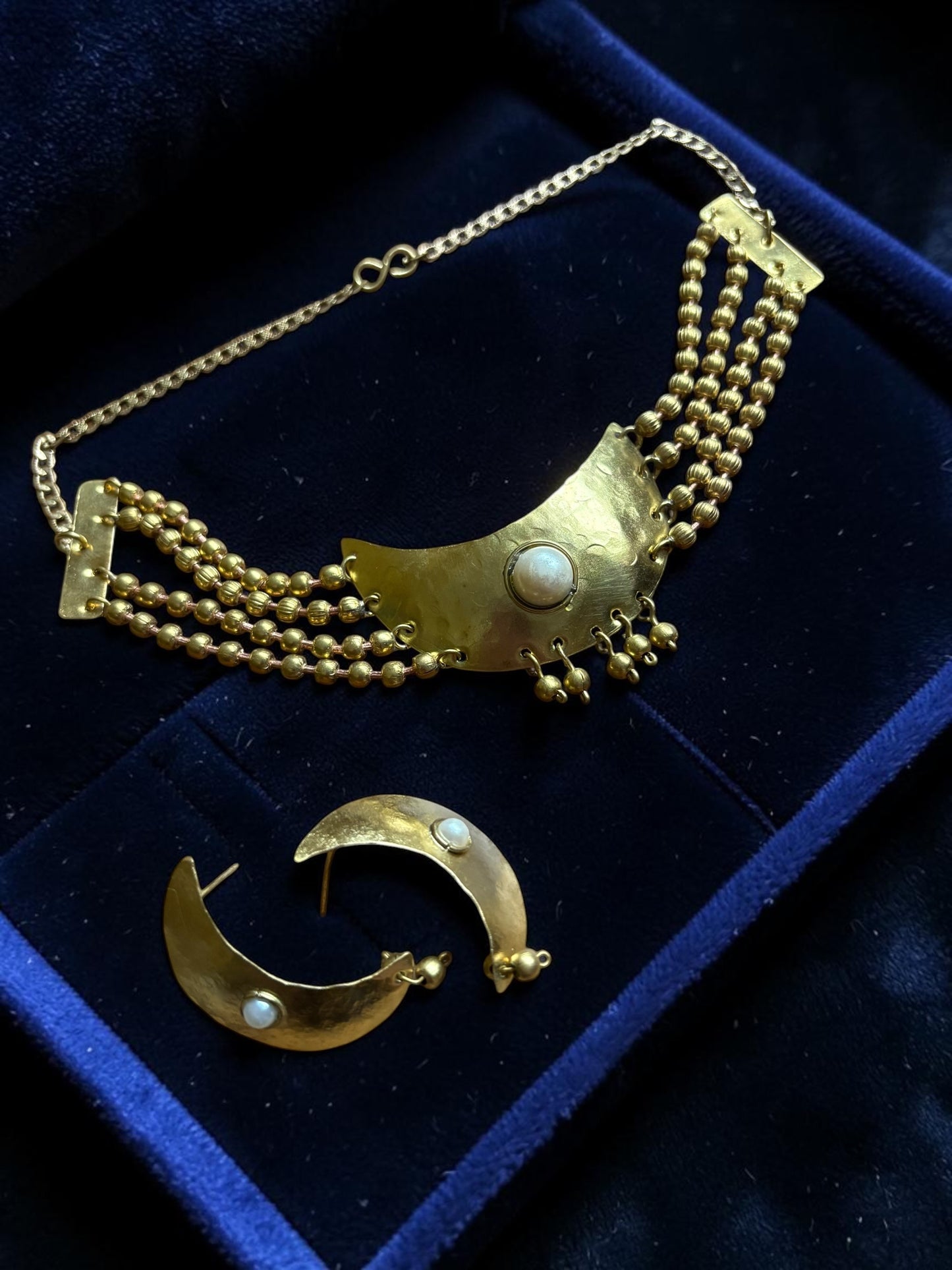 Prathama Chandni Moon Pearl Brass Choker Necklace Jewelry Set (Necklace, Earrings, Ring)