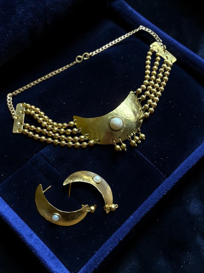 Prathama Chandni Moon Pearl Brass Choker Necklace Jewelry Set (Necklace, Earrings, Ring)