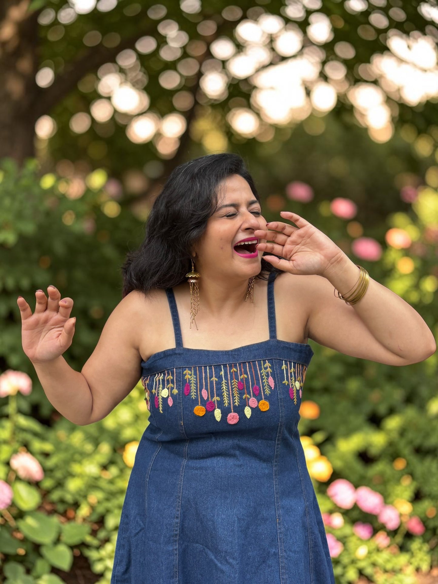 Gina Hand-Embroidered Strappy Denim Dress