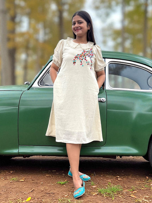 Candycrush Puff Sleeved Embroidered Khadi Cotton A-line Dress - Cream