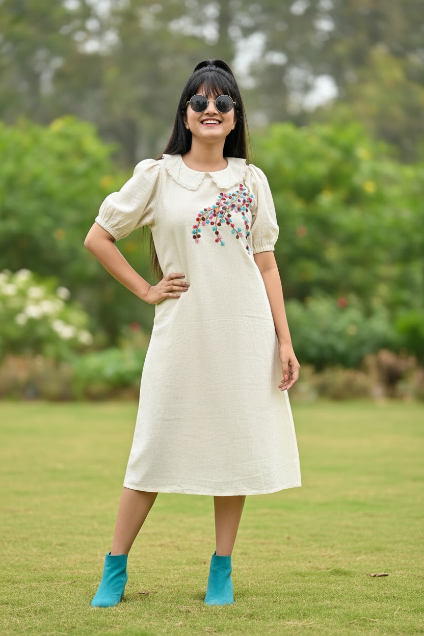 Candycrush Puff Sleeved Embroidered Cotton A-line Dress - Cream