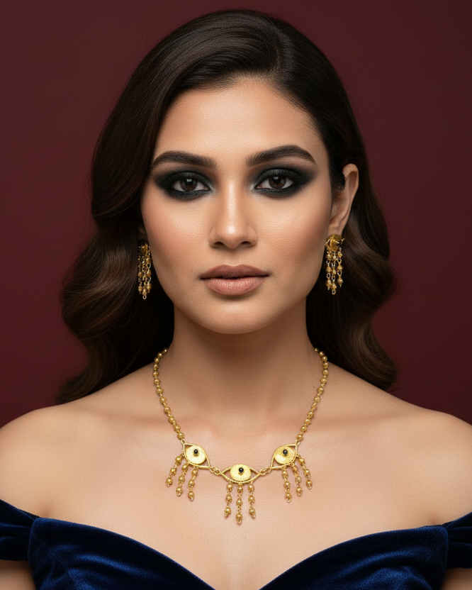 Evil Eye Brass Choker Necklace Jewelry Set ( Necklace + Earrings)